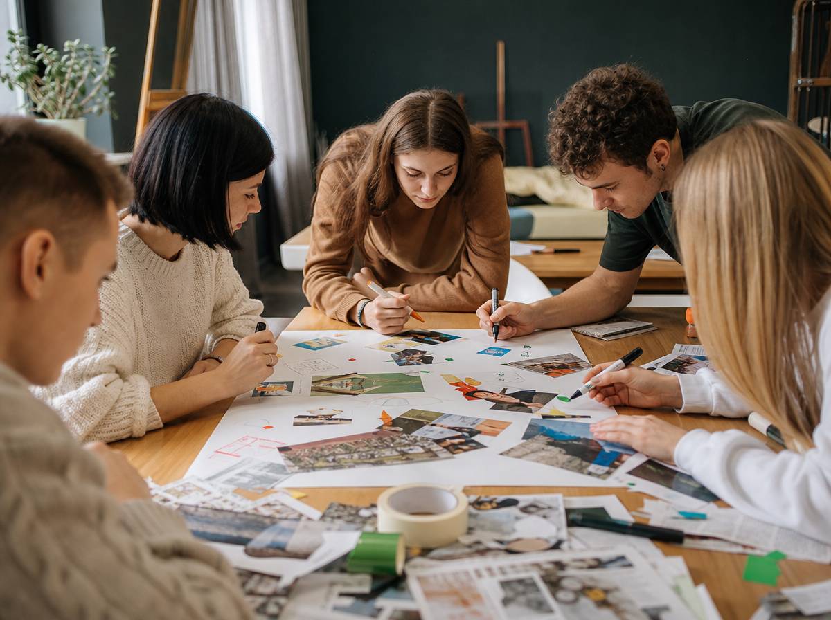 Grupa tworząca wspólny plakat markerami i kartkami podczas plastycznej zabawy integracyjnej.