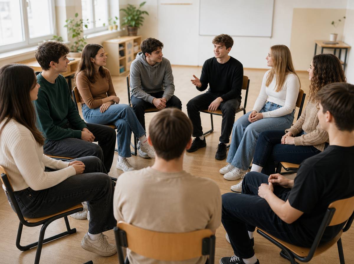 Grupa siedząca w kręgu podczas słownej zabawy integracyjnej, uczestnicy powtarzają imiona poprzedników.
