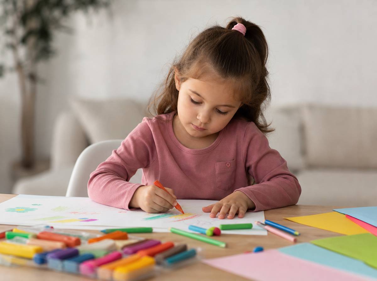 Dziecko rysuje kredkami na papierze przy stole, wokół leżą plastelina i kolorowe kartki