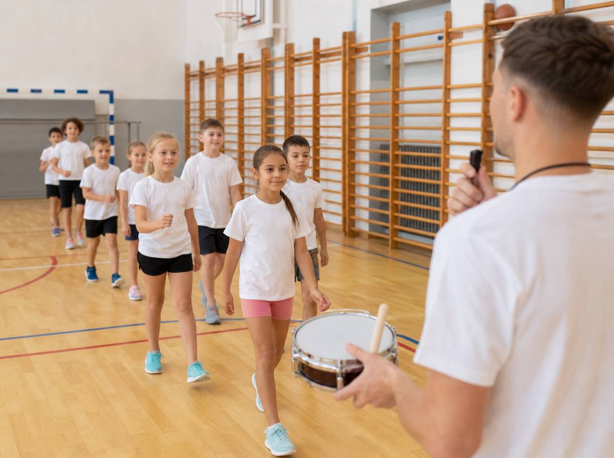 Dzieci maszerują w rzędzie, reagując na sygnał bębenka i gwizdka podczas zabawy w rozpoznawanie sygnałów