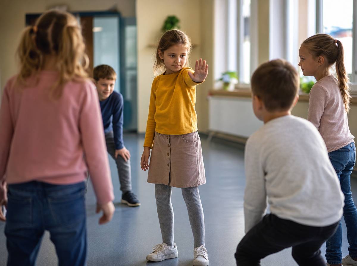 Uczniowie zastygli w bezruchu podczas szkolnej zabawy ruchowej na przerwie