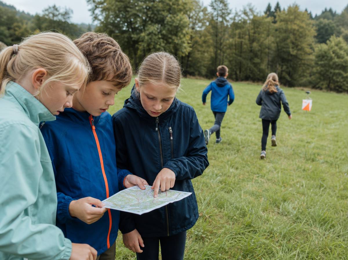 Starsze dzieci grające w terenową grę drużynową z mapą na trawie