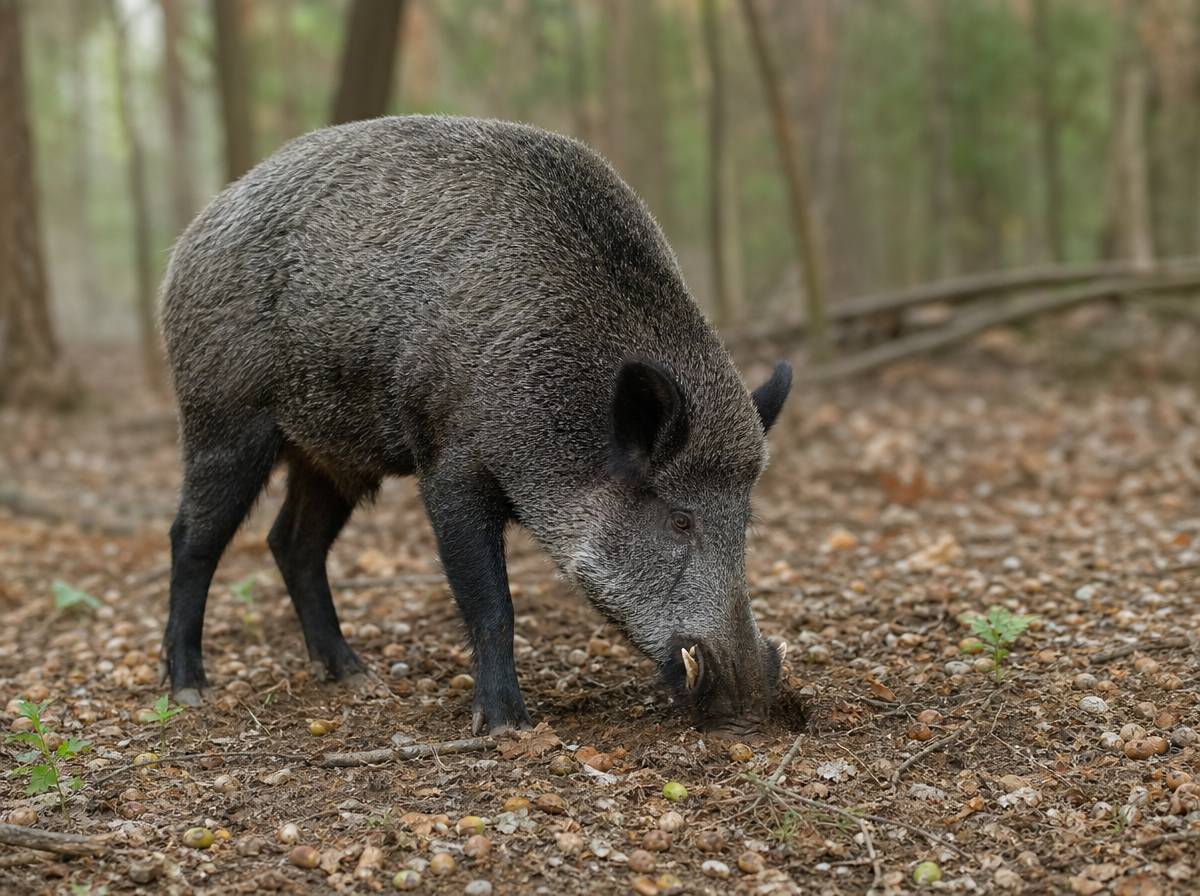 Dzik ryjący ziemię ryjkiem w poszukiwaniu żołędzi, zagadka o dziku