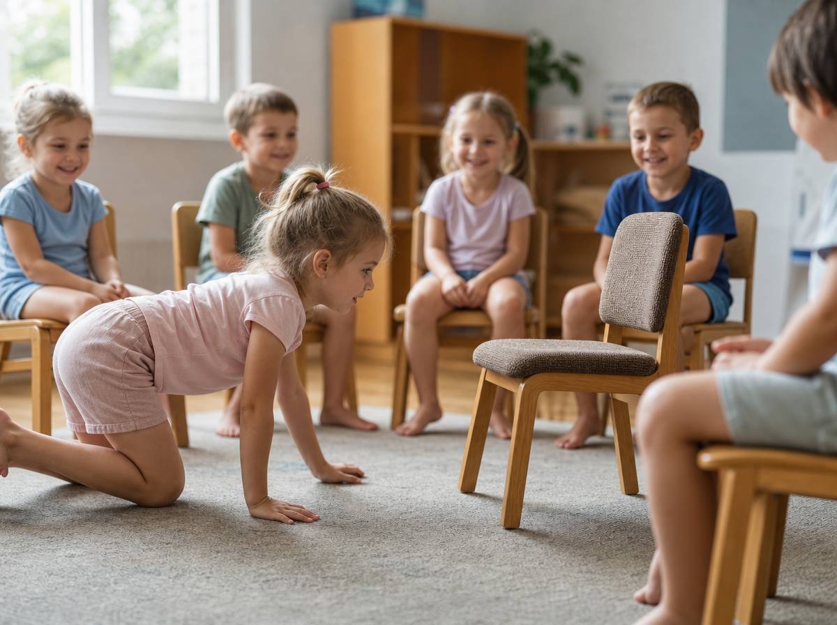 Dziecko skaczące do pustego krzesła w kręgu podczas zabawy Zajączki