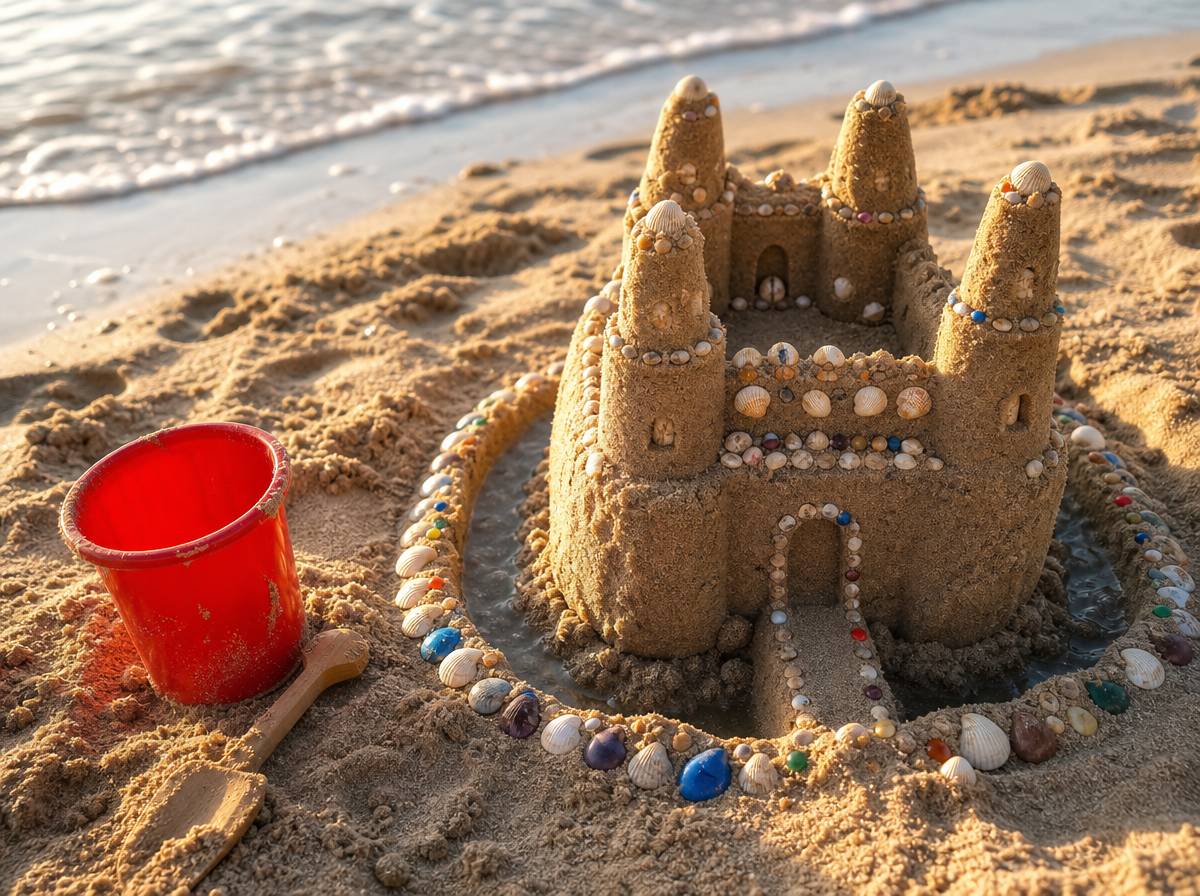 Zamek z piasku z wieżycami i dekoracjami z muszelek na plaży
